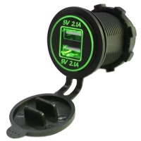 Зарядное устройство врезное USB 2 гнезда - 2.1; 2.1A с зелёной подсветкой 12V фото в интернет-магазине